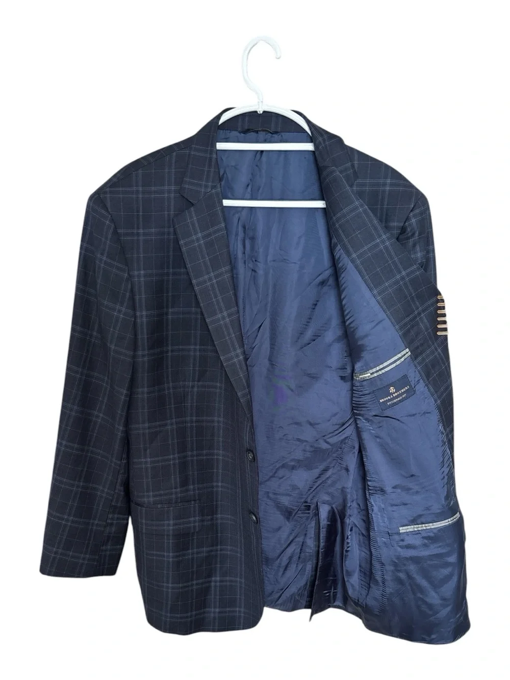 Brooks Brothers Blue on Navy Windowpane Plaid Blazer Sport Coat 2 Button 48